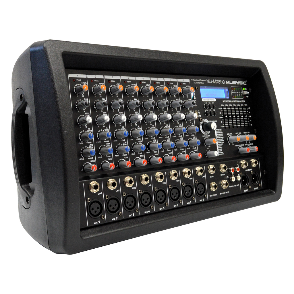 MUSYSIC MU‑MX8fxD 8‑Channel Powered Mixer with DSP Effects & EQ MUSYSIC MU‑MX8fxD 8‑Channel Powered Mixer with DSP Effects & EQ