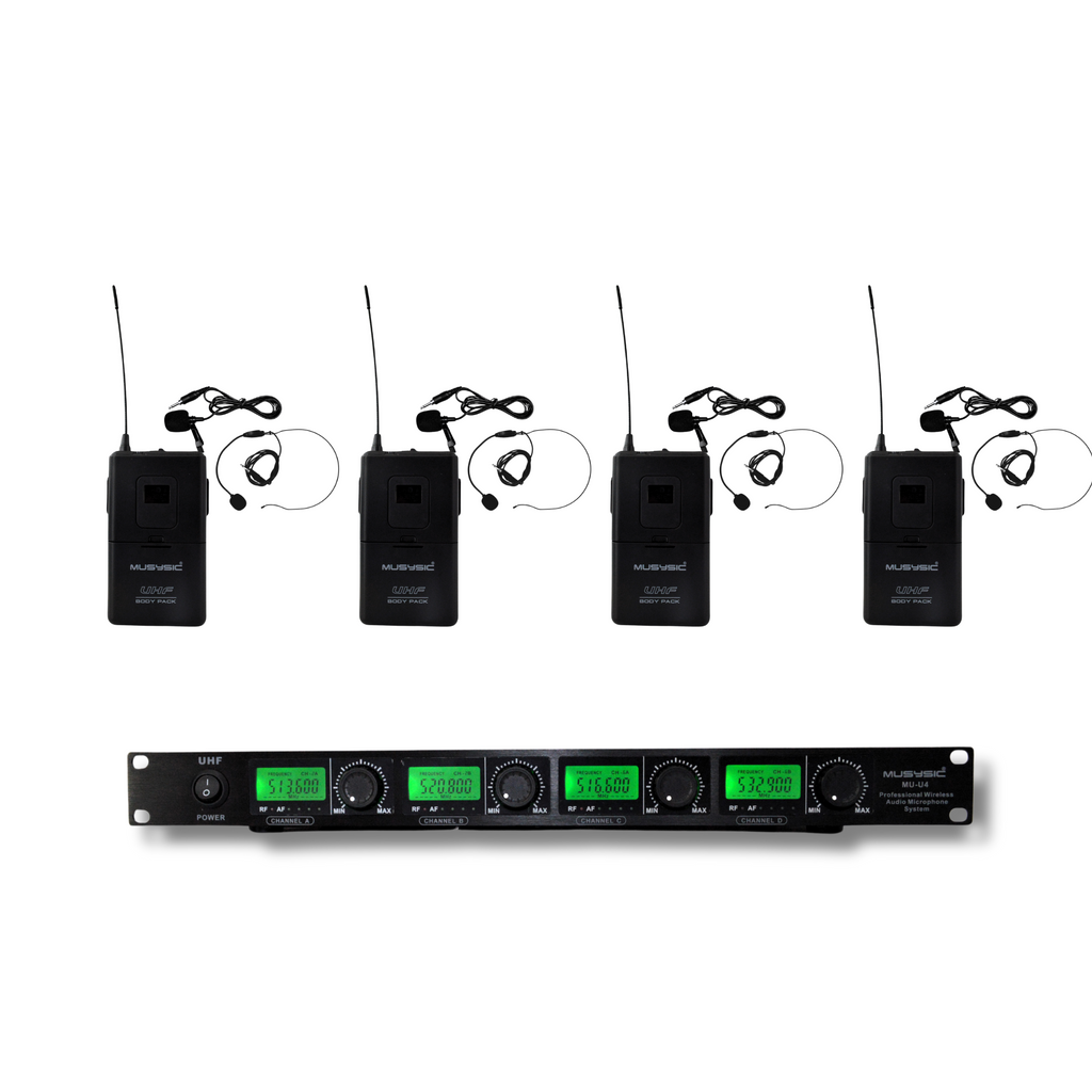 4 Channel UHF Lapel Lavalier Headset Wireless Microphone System MU-U4-LL