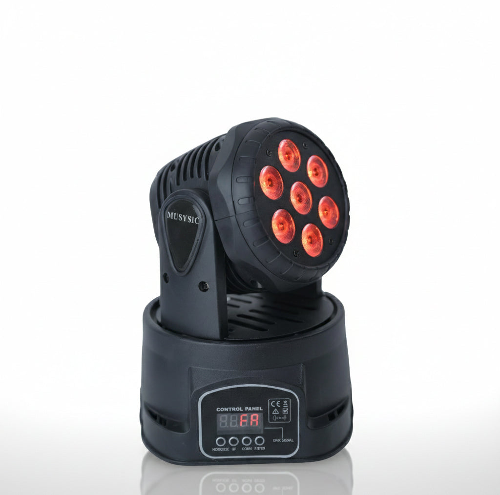MUSYSIC MU‑L14 Mini Moving Head Wash Light – 7×10W RGBW LEDs, 9/14‑Channel DMX, Auto/Sound/Master‑Slave