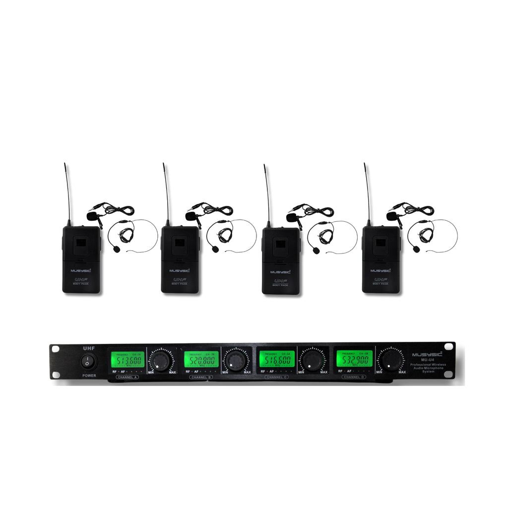 4 Channel UHF Lapel Lavalier Headset Wireless Microphone System MU-U4-LL