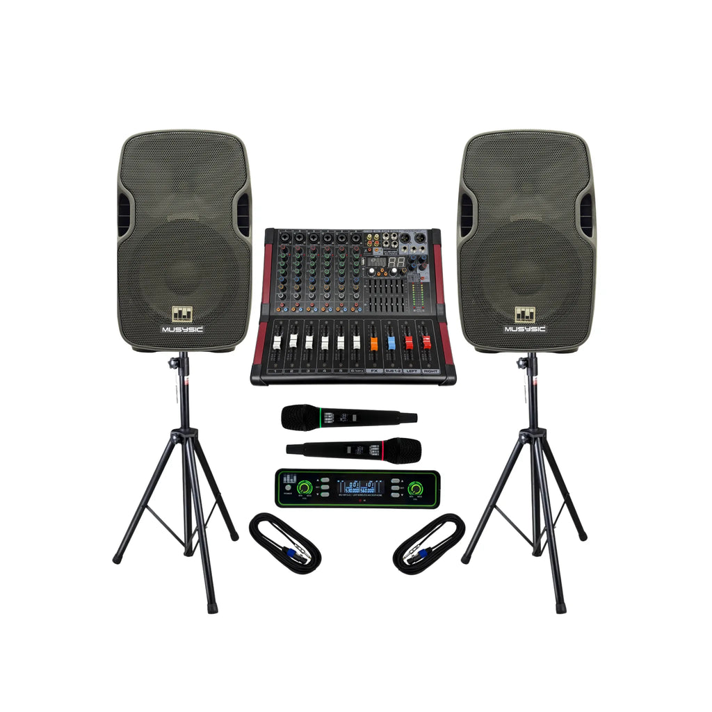 2000W PA System 6 Channel Mixer 15" Speakers Wireless Mics