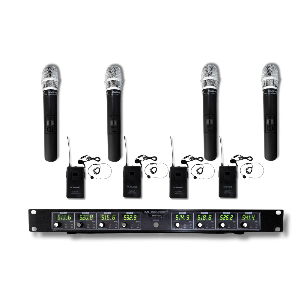 8-Channel UHF Handheld Lapel Lavalier Wireless Microphone system
