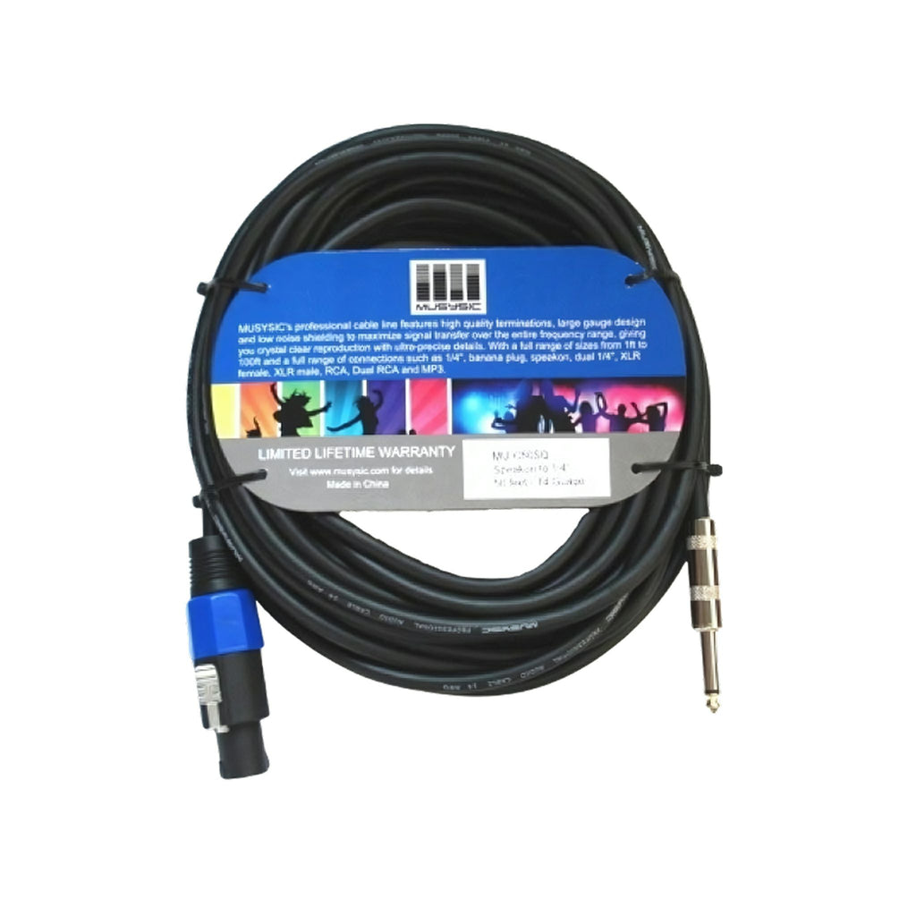 Black audio cable with connectors on a white background