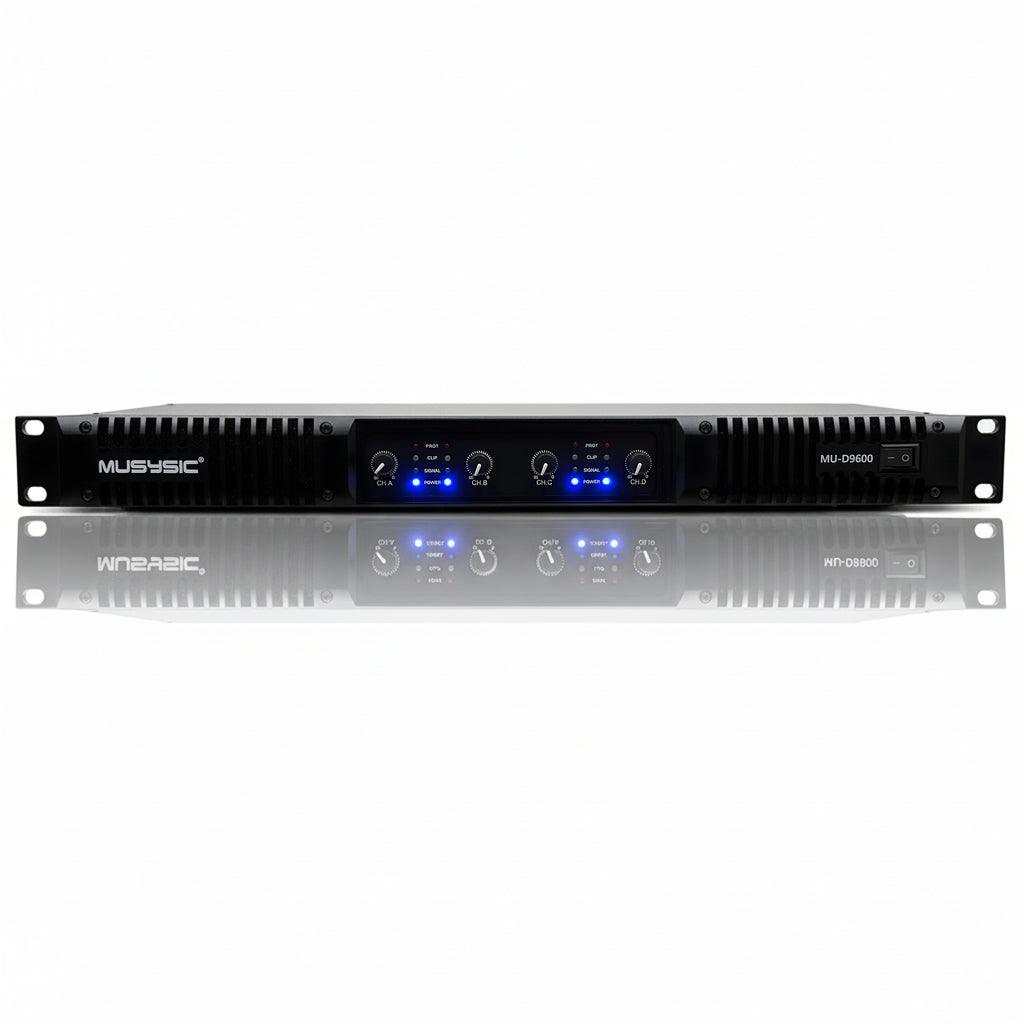 MUSYSIC MU‑D9600 Professional 4‑Channel Power Amplifier – 4×1000W @ 4Ω, LPF, Stereo/Parallel/Bridge Modes, 1U Rackmount