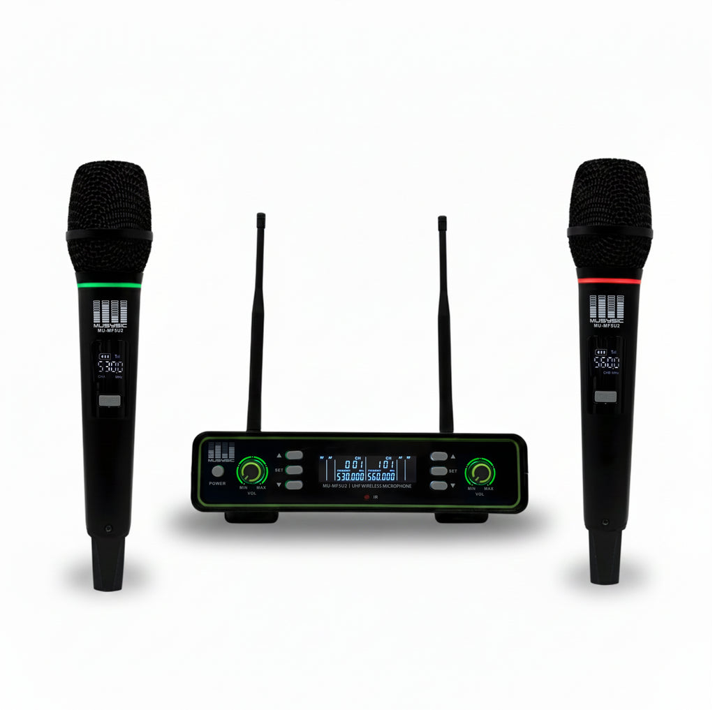MUSYSIC MU-MF5U2 Dual UHF Wireless Microphone System with 2 Handheld Mics, 100 Channels & LCD Receiver (500–580 MHz)