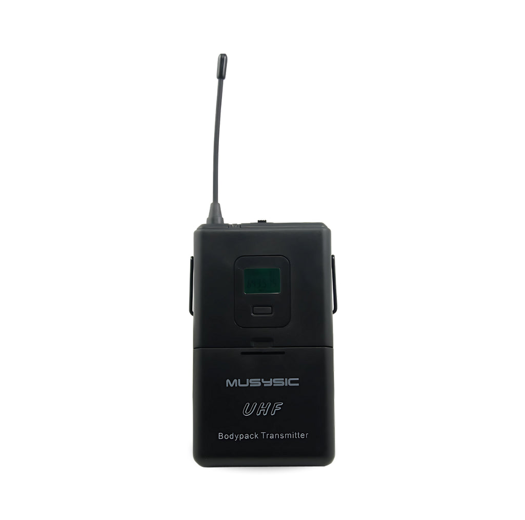 Black bodypack transmitter with UHF label on a white background