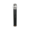 Black microphone with silver grille on a white background