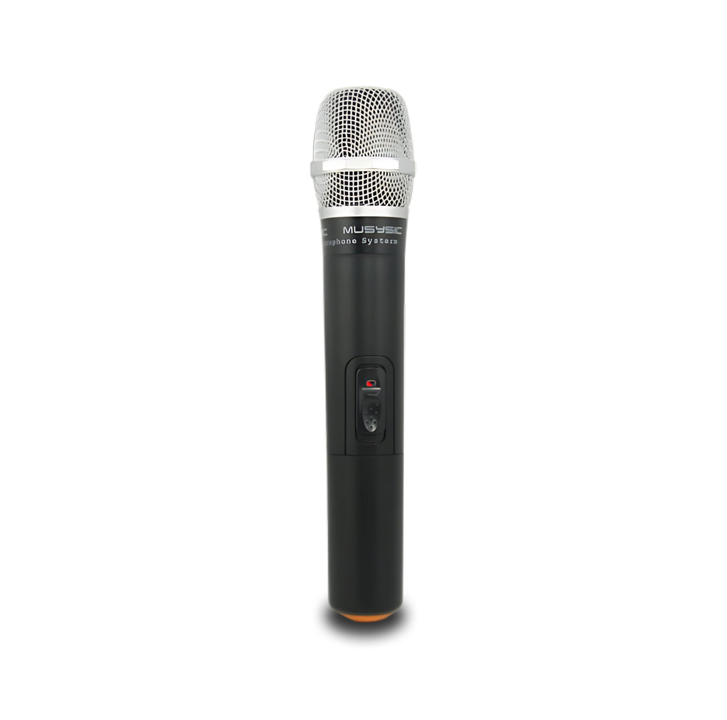 Black microphone with silver grille on a white background