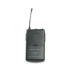 Black bodypack transmitter with microphone on a white background