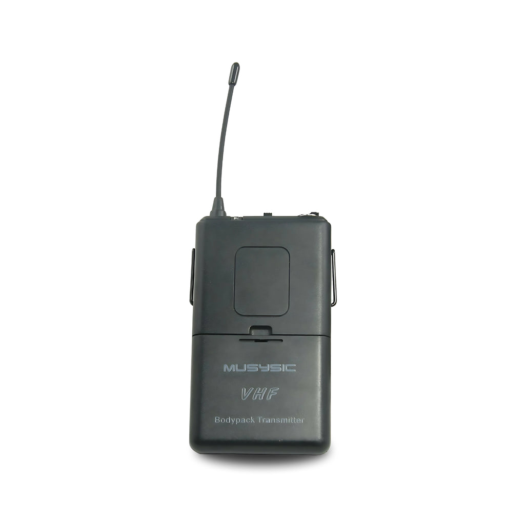 Black bodypack transmitter with microphone on a white background