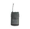 Black bodypack transmitter with microphone on a white background