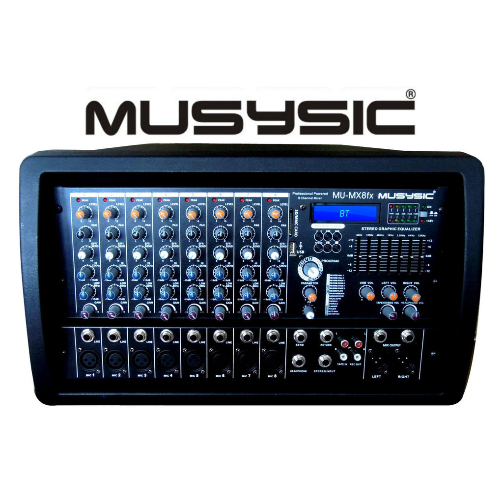 8 Channel 8000W Power Mixer with Real DSP Bluetooth/USB/SD