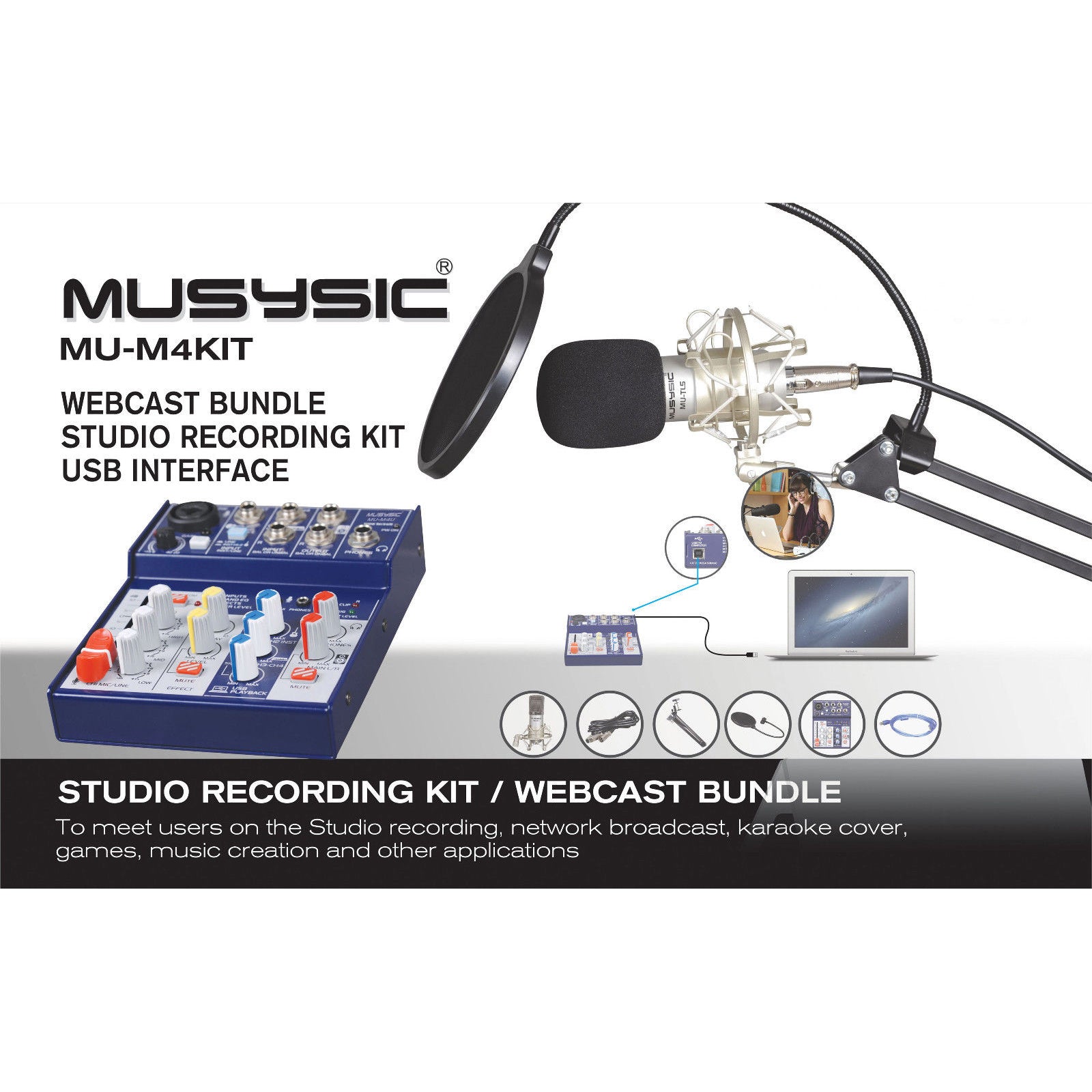 Audio Kit For Rapper Studio Recording Kit | 4-CH Mixer, Headphone with USB